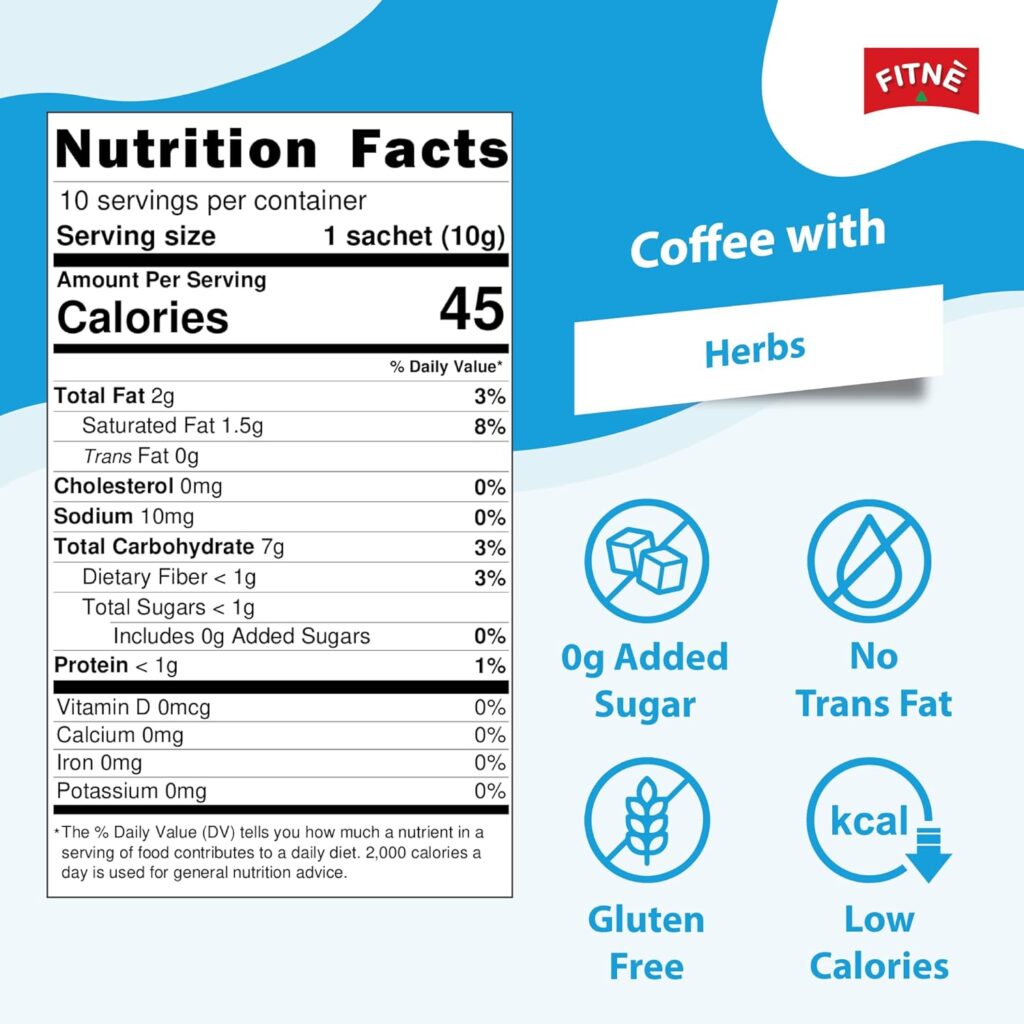 FITNE Instant 3 In 1 Coffee Packets Mix With Herbs Cinnamon Garcinia Safflower Spice Latte Smooth Blend No Sugar Sucralose Sweetener, 30 Sticks