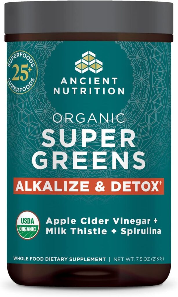 Supergreens Alkalize Detox Powder by Ancient Nutrition, Organic Superfood Powder Made from Real Fruits, Vegetables and Herbs, for Digestive and Energy Support, 25 Servings, 7.5oz