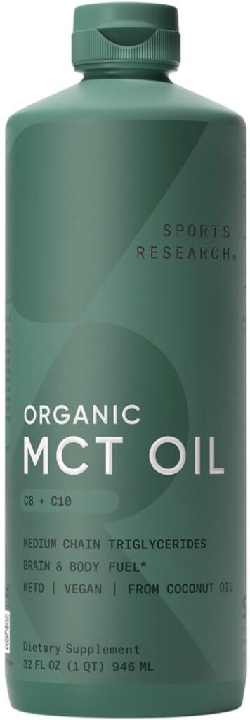 Sports Research Organic MCT Oil - Keto Vegan MCTs C8, C10 from Coconuts - Fatty Acid Brain Body Fuel, Non-GMO Gluten Free - Flavorless Oil, Perfect in Coffee, Tea Protein Shakes - 40 oz