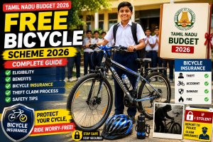 Tamil Nadu Free Bicycle Scheme 2026 student receiving a free bicycle with helmet and bottle holder