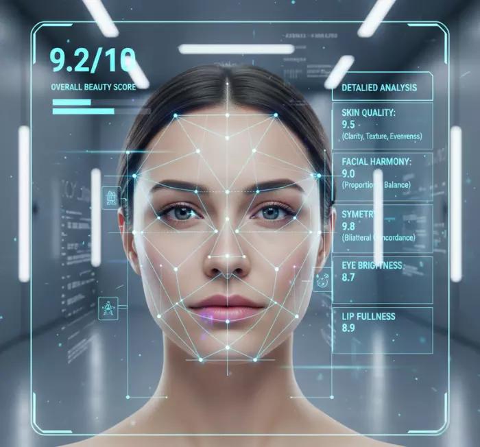 A conceptual illustration of an AI tool analyzing a front-facing portrait for facial symmetry, proportions, eye spacing, jawline structure, and overall aesthetic appearance.