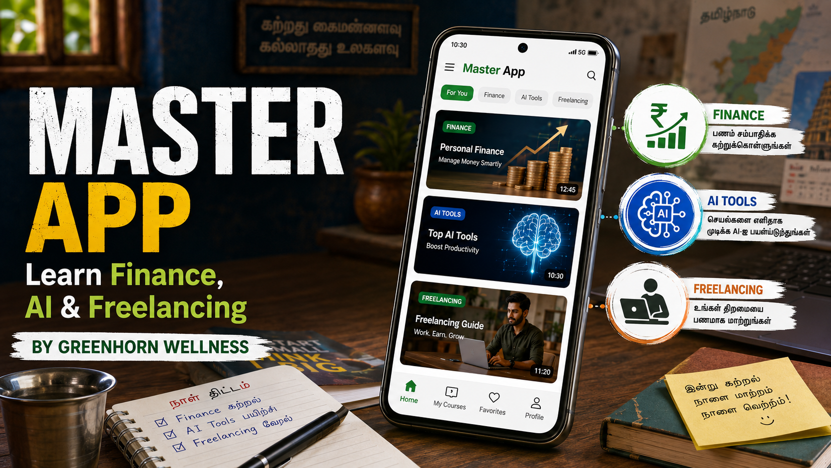 Master App by Greenhorn Wellness for learning finance, AI and freelancing