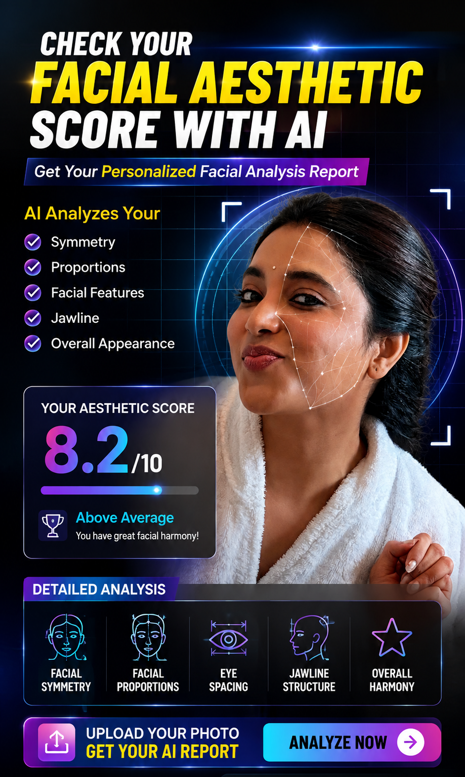 A conceptual illustration of an AI tool analyzing a front-facing portrait for facial symmetry, proportions, eye spacing, jawline structure, and overall aesthetic appearance.