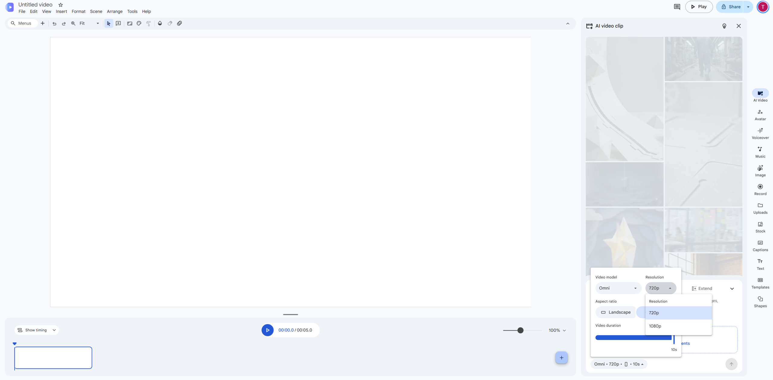 Google Vids AI video settings showing 720p and 1080p resolution options and video duration