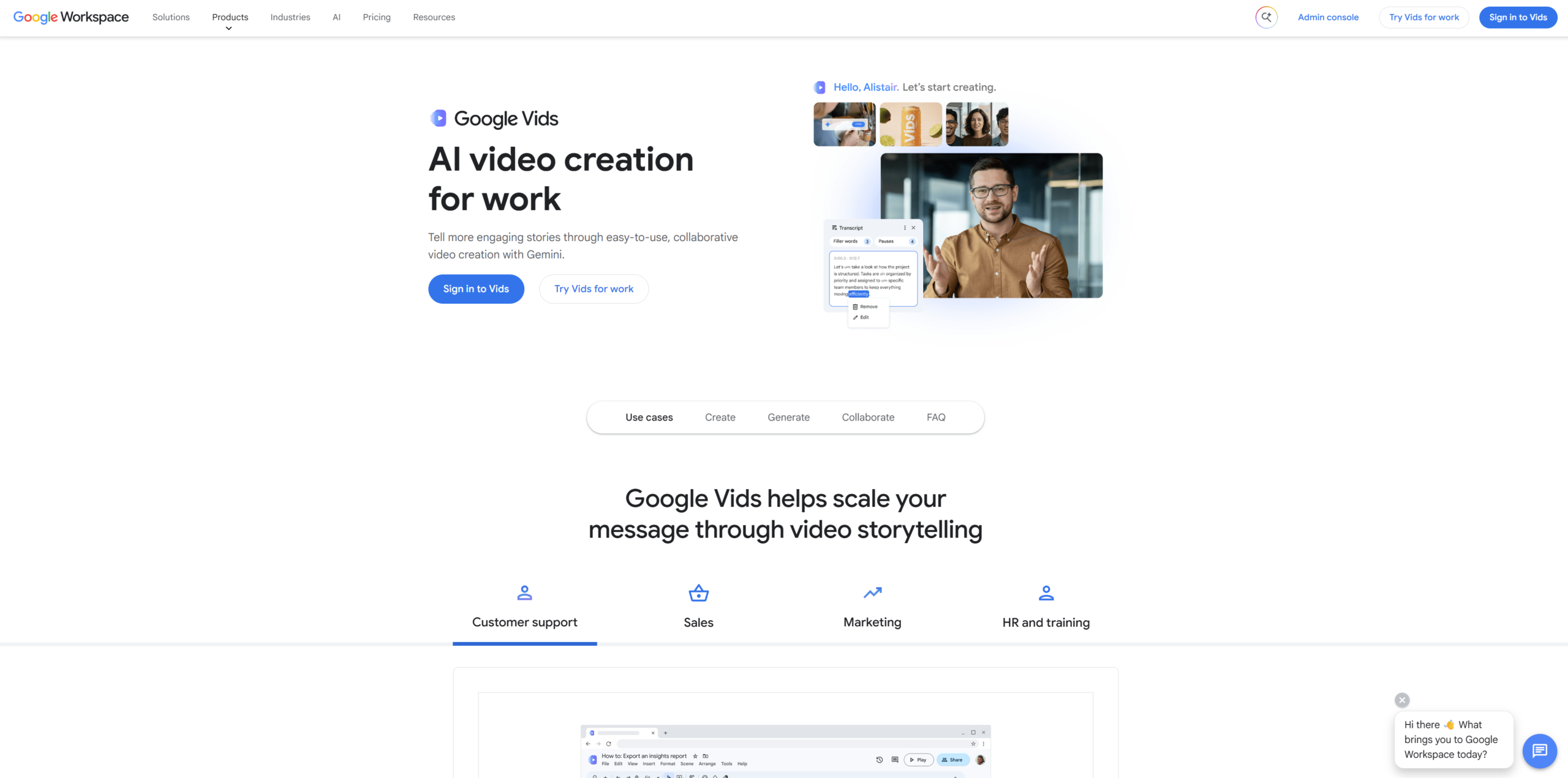 Google Vids website showing AI video creation for work