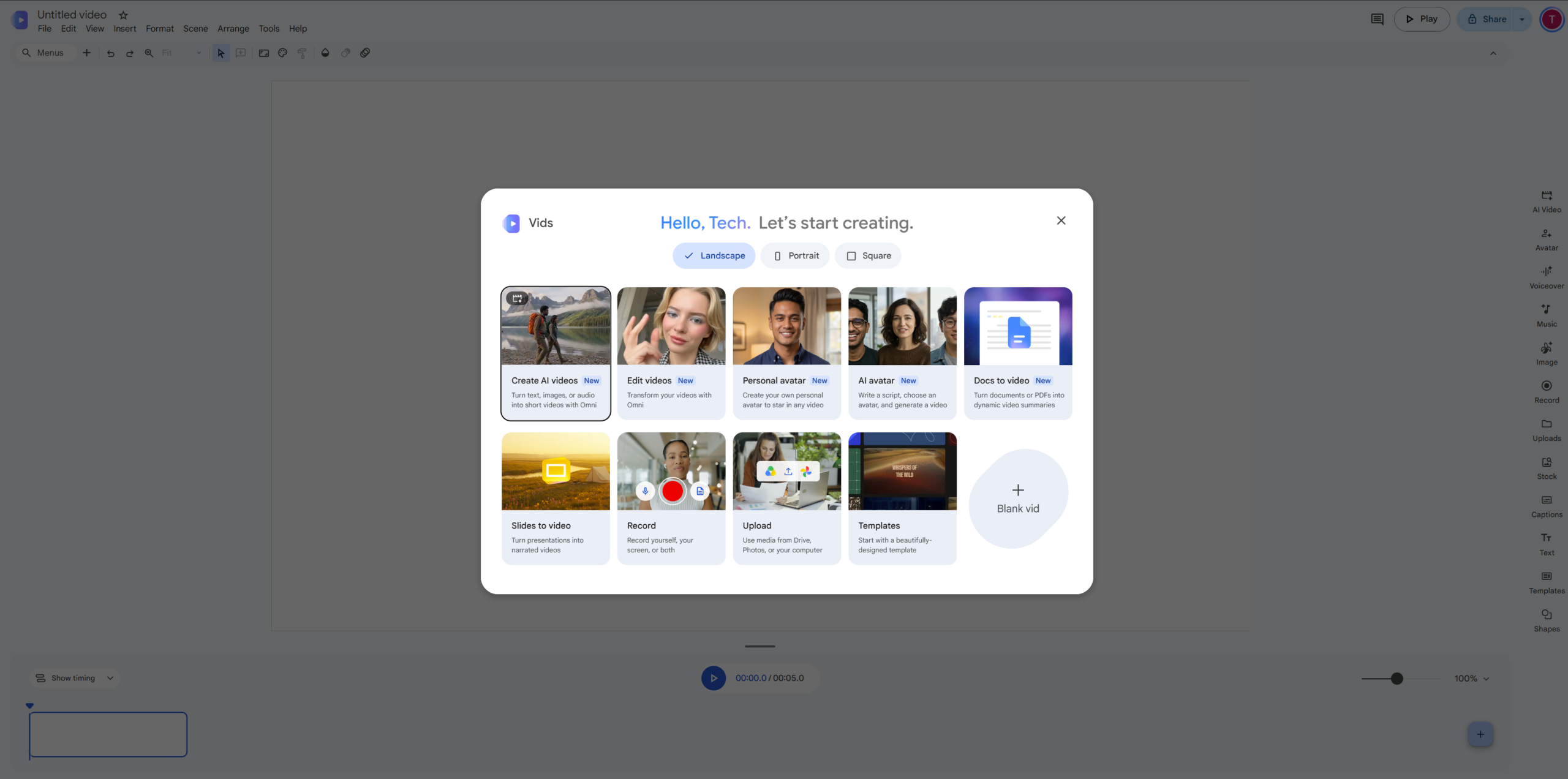 Create AI videos option in the Google Vids creation menu